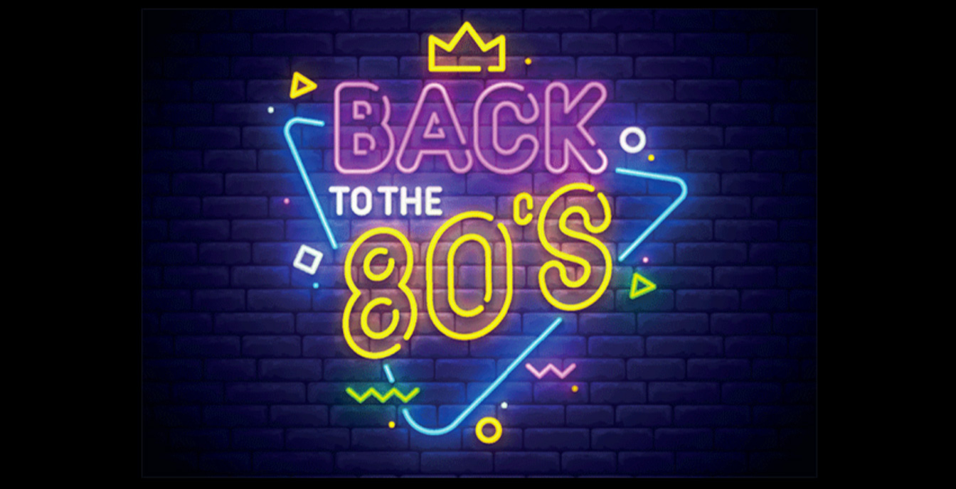 stylized type that reads "back to the 80s" which looks like an illustrated neon sign
