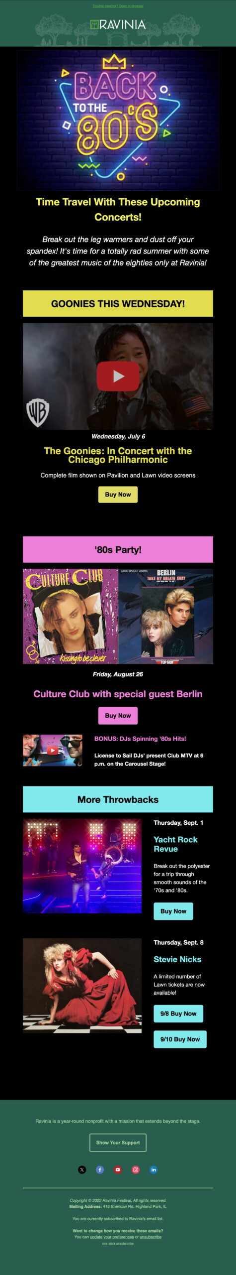 Long screenshot of an email promoting 80s concerts at Ravinia including Goonies movie, Culture Club and Stevie Nicks