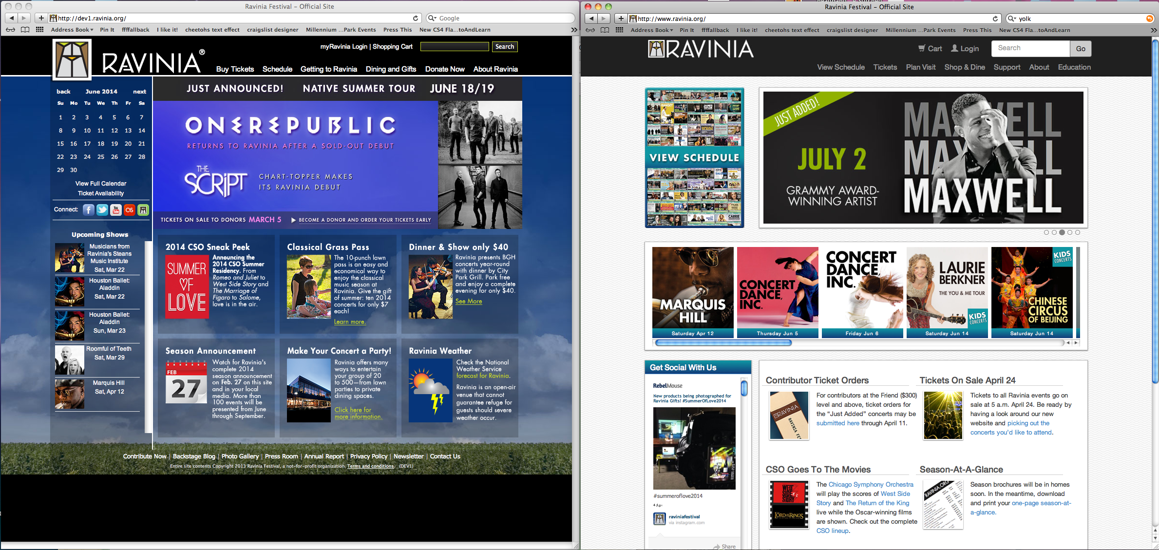 Side by side comparison on the Ravinia.org website in 2013 vs 2014 after my redesign